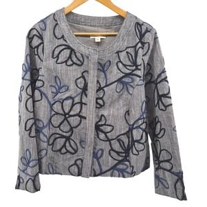 Coldwater Creek Embroidered Jacket Gray Blue Floral Snap Front Sz P12‎ Career